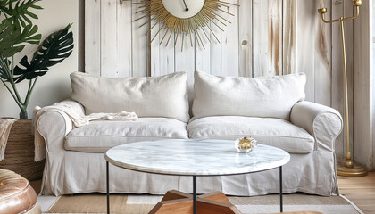 A living room with a marble-top coffee table, a linen fabric sofa in light gray, and a brass sunburst clock