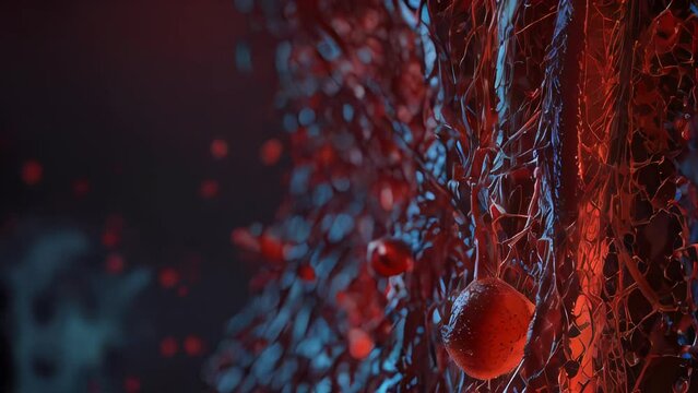 Detailed rendering of blood drops traveling through a complex vascular network, highlighting the interior dynamics of the human body