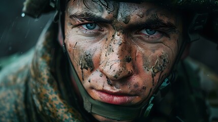 Obraz premium Portrait of a young soldier with mud on his face