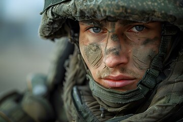 Obraz premium Portrait of a young soldier with blue eyes and a camouflage helmet
