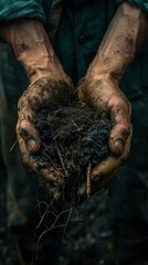 Close-up of a farmer's dirty hands holding rich, dark soil, symbolizing agriculture, hard work, and sustainability.
