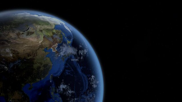 Fly Zoom into North Korea, Pyongyang, through space to see the country map region from above from space. Detailed map Showing area, HD and 4K. Animation.