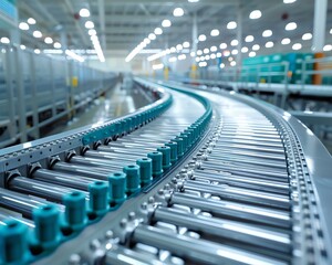 Fototapeta premium Modern conveyor belt system in an industrial warehouse, demonstrating sophistication and efficiency in automated material handling.