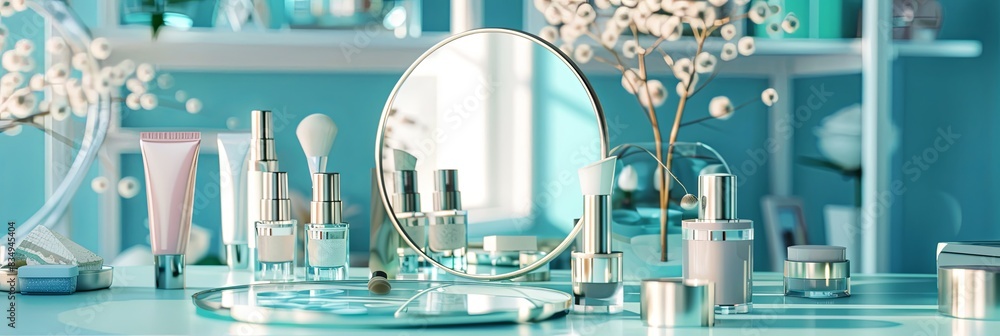 Leinwandbilder A close-up shot of a tabletop vanity with various cosmetic products and a mirror, neatly arranged in a bright and inviting setting. Generative AI