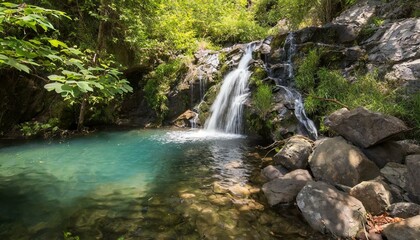 A refreshing waterfall cascading into a crystal-clear pool in a lush green forest. AI generated