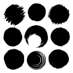 Abstract black brush stroke circles with creative designs, bold patterns, and elements