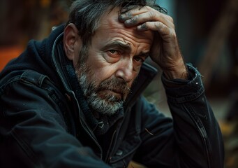 Portrait of a man with a beard and a hand on his head