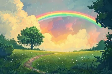 Naklejka premium Witness the beauty of a transient rainbow that emerges after a refreshing summer rain, captured in this vibrant illustration.