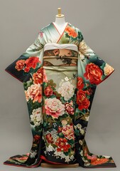 A kimono with a pattern of peonies and butterflies