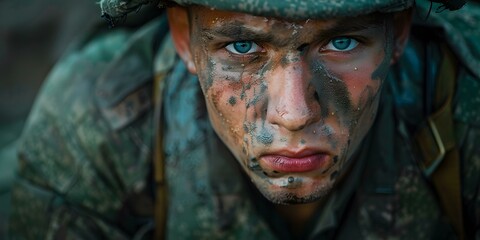 Fototapeta premium Close Up Portrait of a Soldier with Mud on his Face