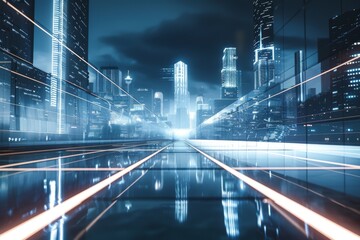 Fototapeta premium Experience the allure of a modern metropolis with its sleek, minimalist architecture and mesmerizing neon lights against a captivating dark sky.