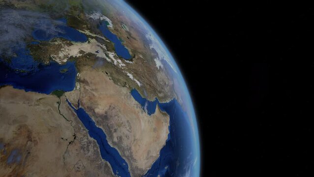 Fly Zoom into Palestine, Gaza, through space to see the country map region from above from space. Detailed map Showing area, HD and 4K. Animation.