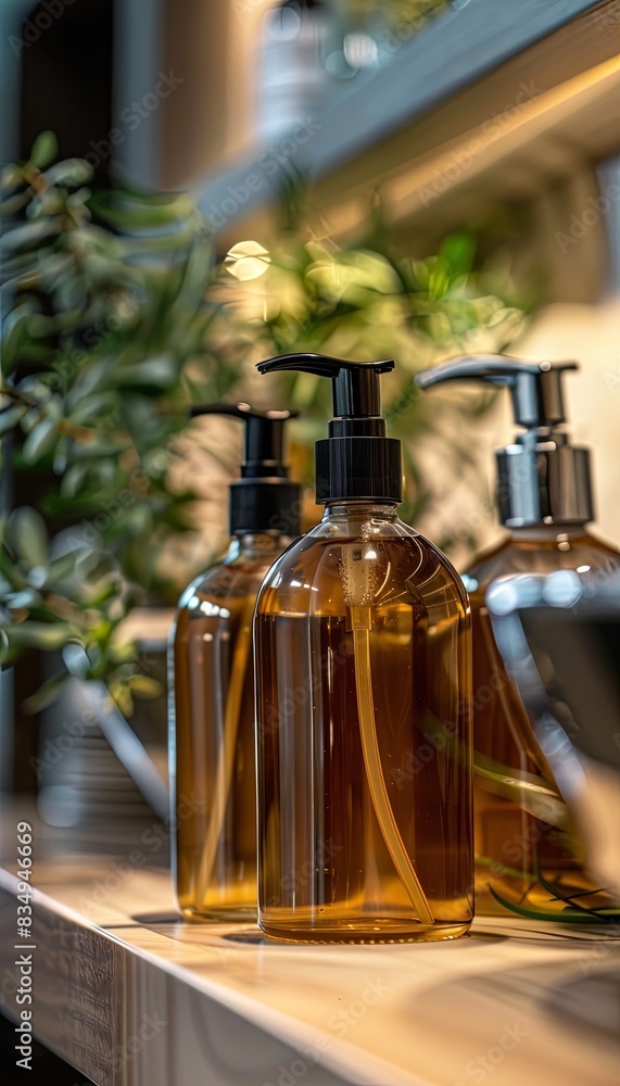 Aufkleber close-up of three amber glass bottles with pumps filled with shampoo and conditioner, on a counterto