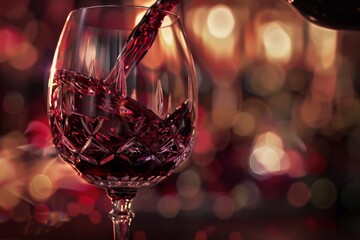An illustration of deep red wine being poured into a crystal goblet, capturing the warmth and complexity of the vintage.