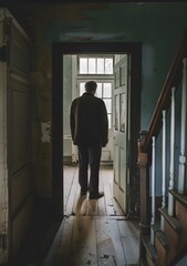Fototapeta premium An old man standing in a doorway looking out