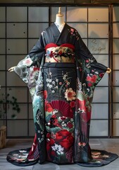 Naklejka premium A kimono with a pattern of flowers and birds