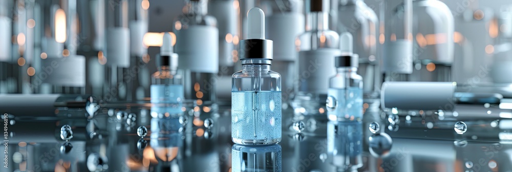Poster close-up of glass bottles containing serum with droplets on a laboratory surface. generative ai