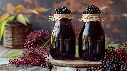 Two jars of homemade elderberry flower syrup