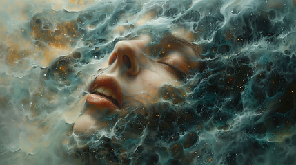 Portrait of a woman disintegrating expressions within own mind Abstract background