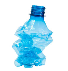 close up used blue transparent PET plastic water bottle on white background, sustainable environment concept.	