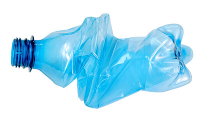 close up used blue transparent PET plastic water bottle on white background, sustainable...