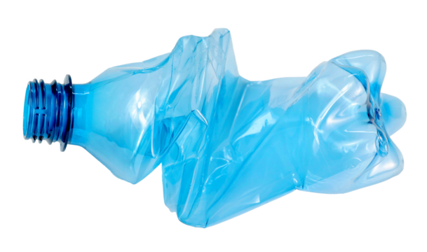 close up used blue transparent PET plastic water bottle on white background, sustainable environment concept.	