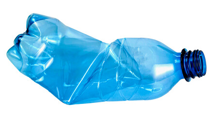 close up used blue transparent PET plastic water bottle on white background, sustainable...