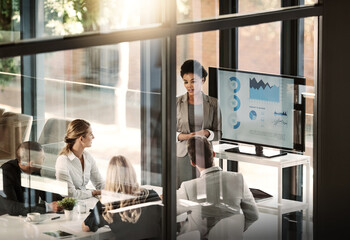 Business meeting, people and budget review with speaker, data analytics and statistics for company...