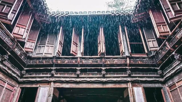 Rainfall Scene Inside Traditional Chinese Architecture
