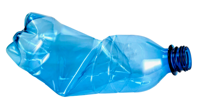 close up used blue transparent PET plastic water bottle on white background, sustainable environment concept.	