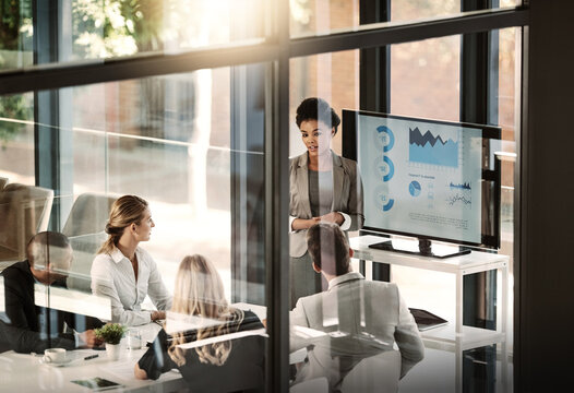 Business meeting, people and budget review with speaker, data analytics and statistics for company report. Presenter, teamwork and financial audit with fintech for graphs and communication in office