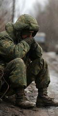 Fototapeta premium A soldier sits on the ground in a contemplative pose