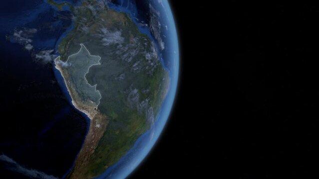 Fly Zoom into Peru, through space to see the country map region from above from space. Detailed map Showing area, HD and 4K. Animation.