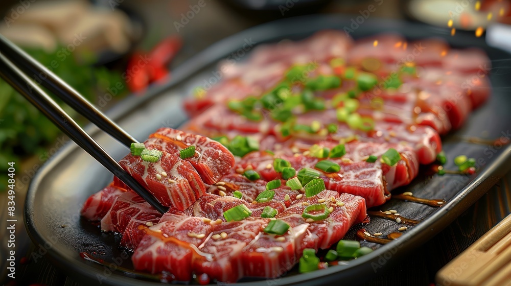 Wall mural a platter of sliced beef being held up in the style of chopsticks. the meat is juicy and red in colo