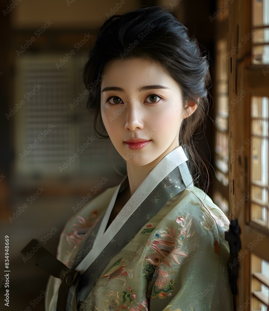 Wall mural portrait of a beautiful young korean woman in traditional dress