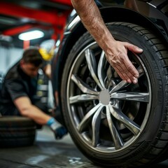 Obraz premium Mechanics at Work in Expert Tire and Wheel Service Garage