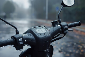 A wet electric scooter handlebar glistens with raindrops, showcasing urban transportation.