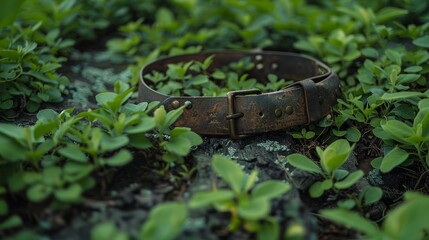 A leather belt is laying on the ground in a grassy area