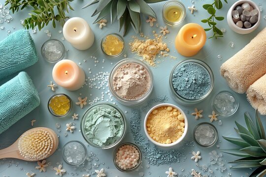 Spa treatment items with candles, bath salts, and towels on a pastel background