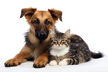 Cute dog and cat together isolated on white background with copy space