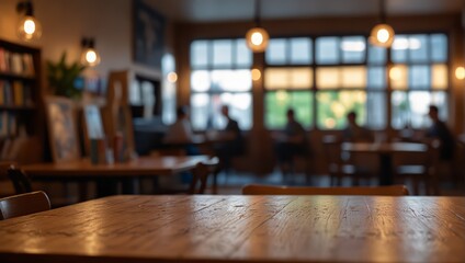Foreground Wooden Table, Blurred Board Game Cafe Atmosphere.