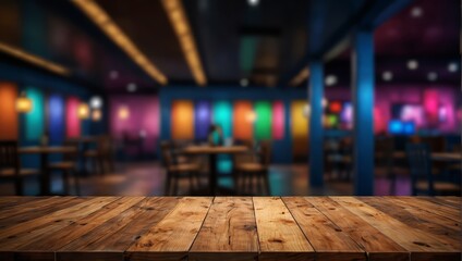 Empty wood table top on abstract blurred game center shop and nightclub lights background - can be used for display or montage your products.