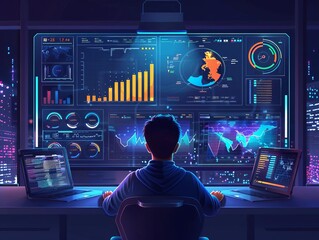 A data analyst preparing a dashboard with realtime metrics for clients focus on realtime data, technology theme, dynamic, overlay, tech hub backdrop