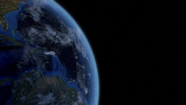 Fly Zoom into Puerto Rico, San Juan, through space to see the country map region from above from space. Detailed map Showing area, HD and 4K. Animation.