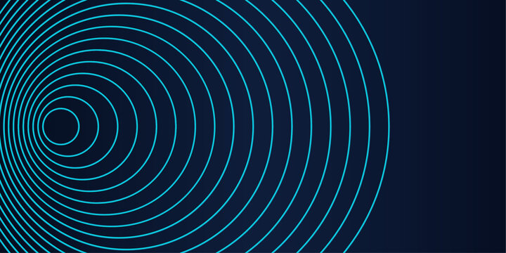 Abstract background with concentric circles in blue green colors flowing wave lines pattern in concept of music, sound waves, technology, science.