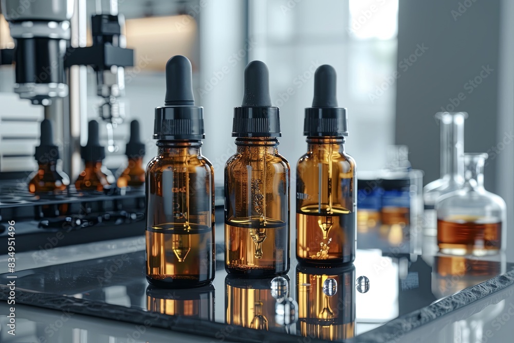 Aufkleber close-up of three glass bottles of serum with droppers on a laboratory table. generative ai
