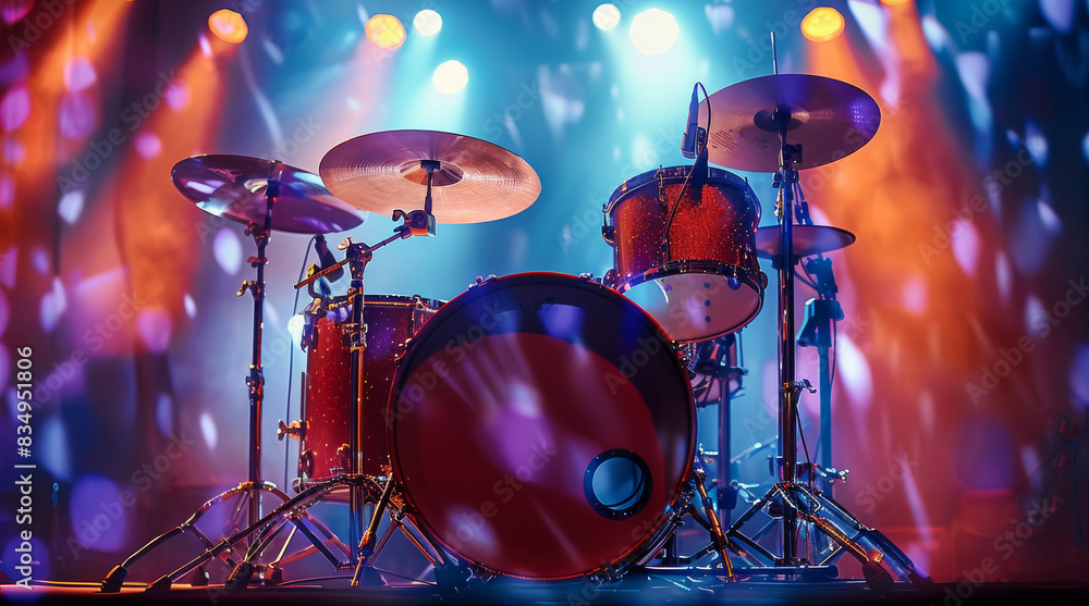 Aufkleber on a stage, a vibrant drum set awaits its performance. generative ai.