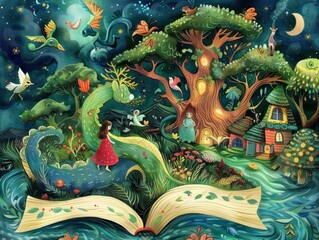 Fototapeta premium The illustration shows a fairy tale about a girl who meets a dragon in the forest. The dragon is friendly and the girl is not afraid of it. They become friends and play together.