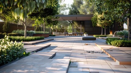 Serene Modern Landscape with Tranquil Walkway and Reflecting Pool in Lush Garden Setting