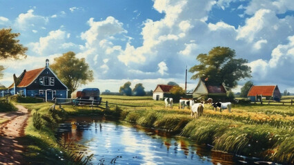 Obraz premium rural area, either at dawn or at sunset. The sun casts a warm light on the landscape. is a house with a dark roof, surrounded by a wooden fence. A dirt road leads to the house